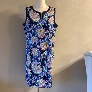 NWT Talbots Navy Floral sleeveless cotton sheath Dress split V  lined zip 14